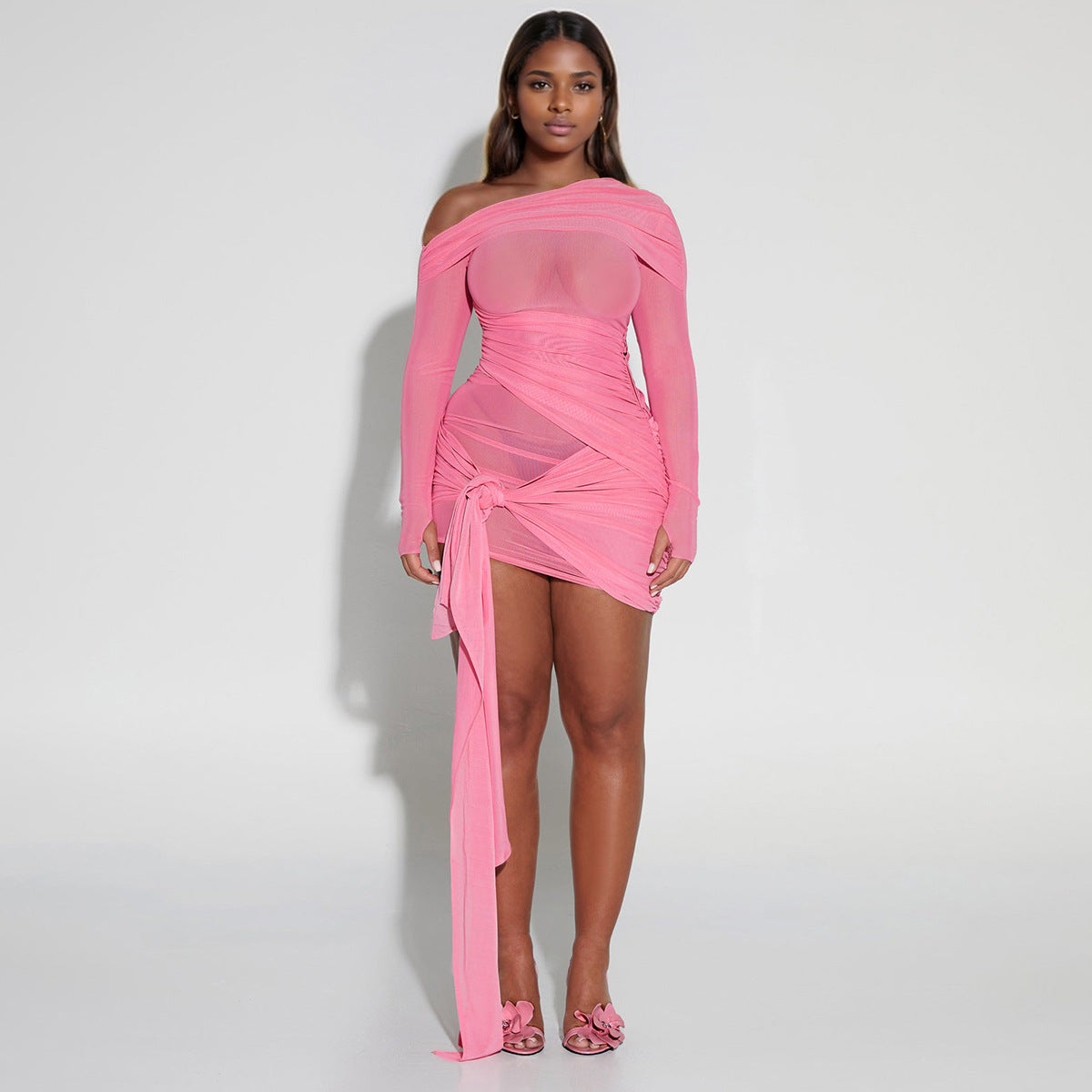 Wear Off Neck Design Pleated Dress Dopamine Sexy