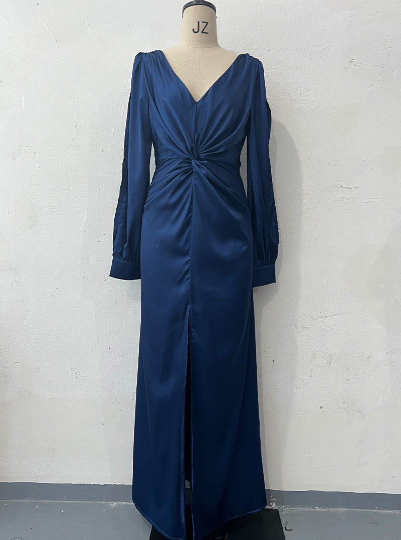 Collar Solid Color Long Sleeve Slim Fit Slit Noble Dress