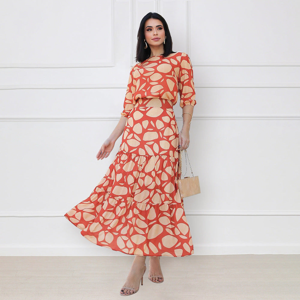 Printed Suit Skirt Elegant Round Neck Stitching A line Dress