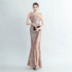 High Density Lamination Sequin Craft Order Ostrich Hair Beaded Oblique Shoulder High End Evening Dress