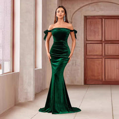 Plus Size Elegant off Shoulder Small Tail Slim Fit Solid Color Cocktail Evening Dress