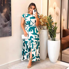 Elegant Elastic Waisted Wooden Ear Patchwork Slit Dress