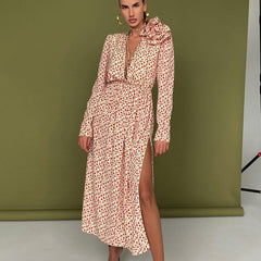 Early Floral Dress Deep V Plunge-neck Lace Up Waist Side Slit Dress