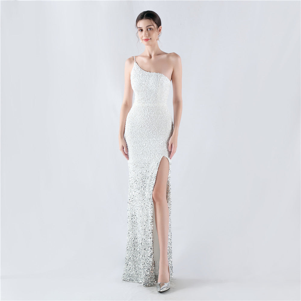 Dress Velvet Bottom Gradient Sequin High Fork Oblique Shoulder Evening Dress