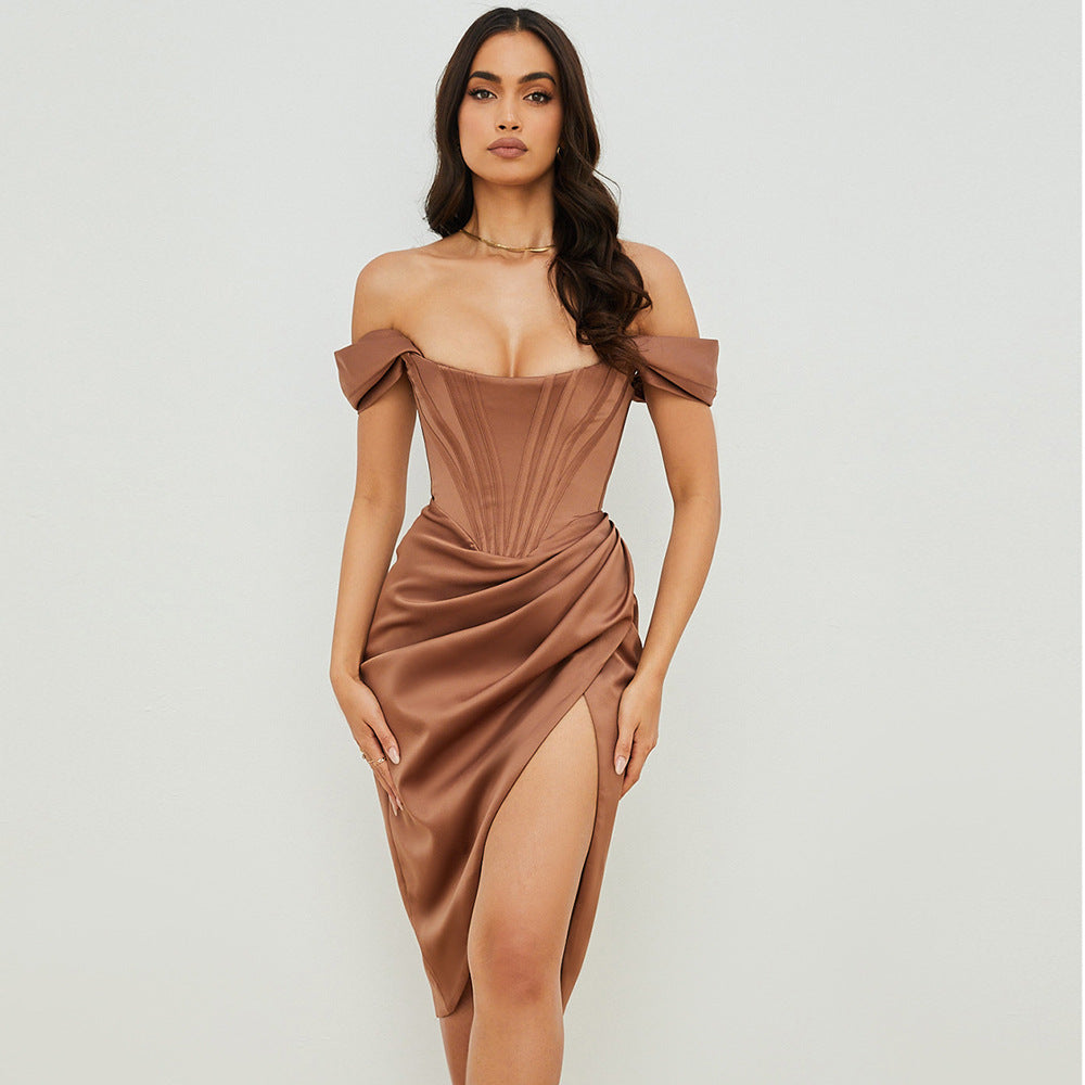 Bodycon Party Card Shoulder Tube Top Slim Fit Slit Solid Color Dress