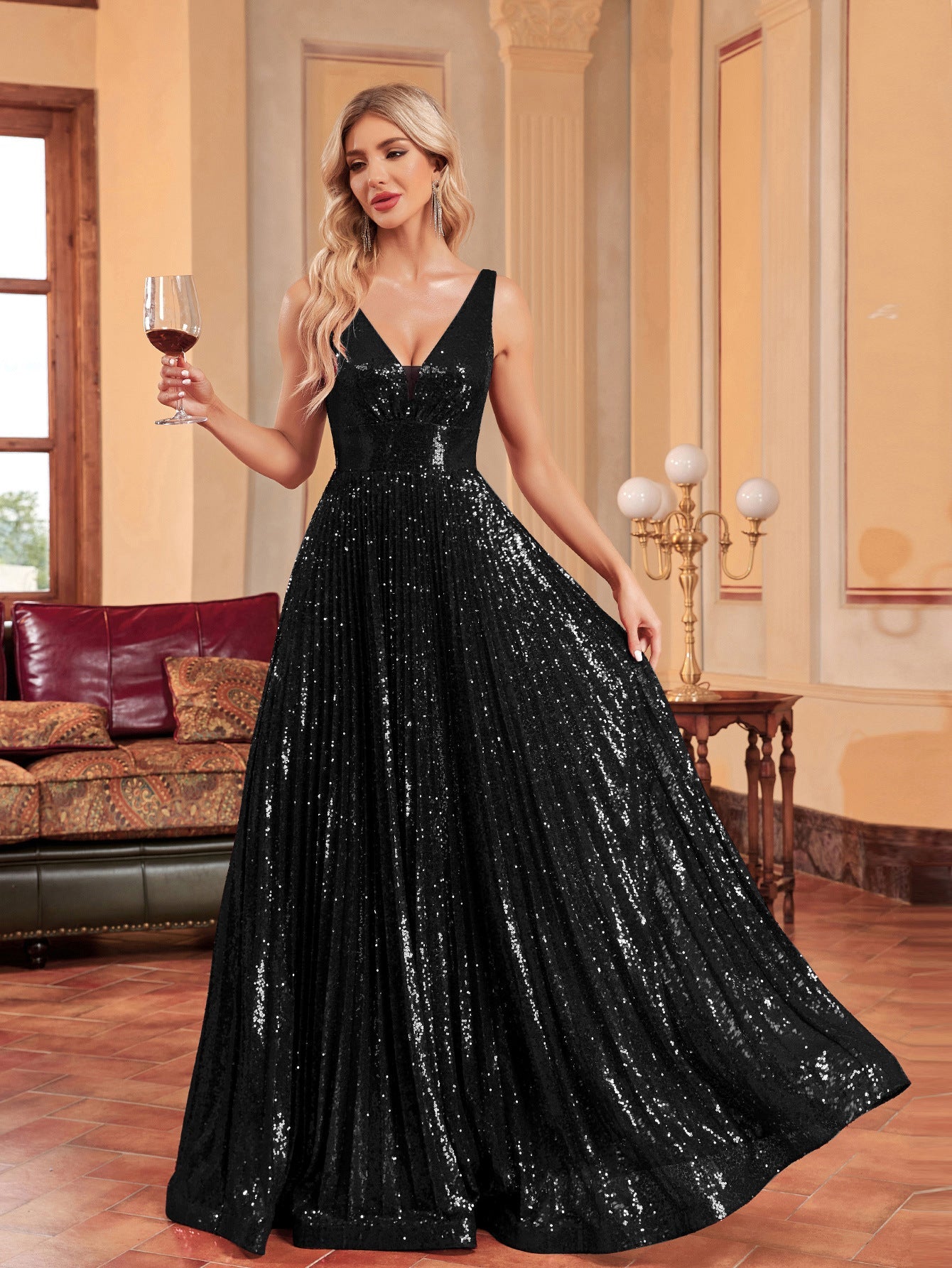 Elegant Champagne Beaded Dress Long Slim Bridesmaid Cocktail Evening