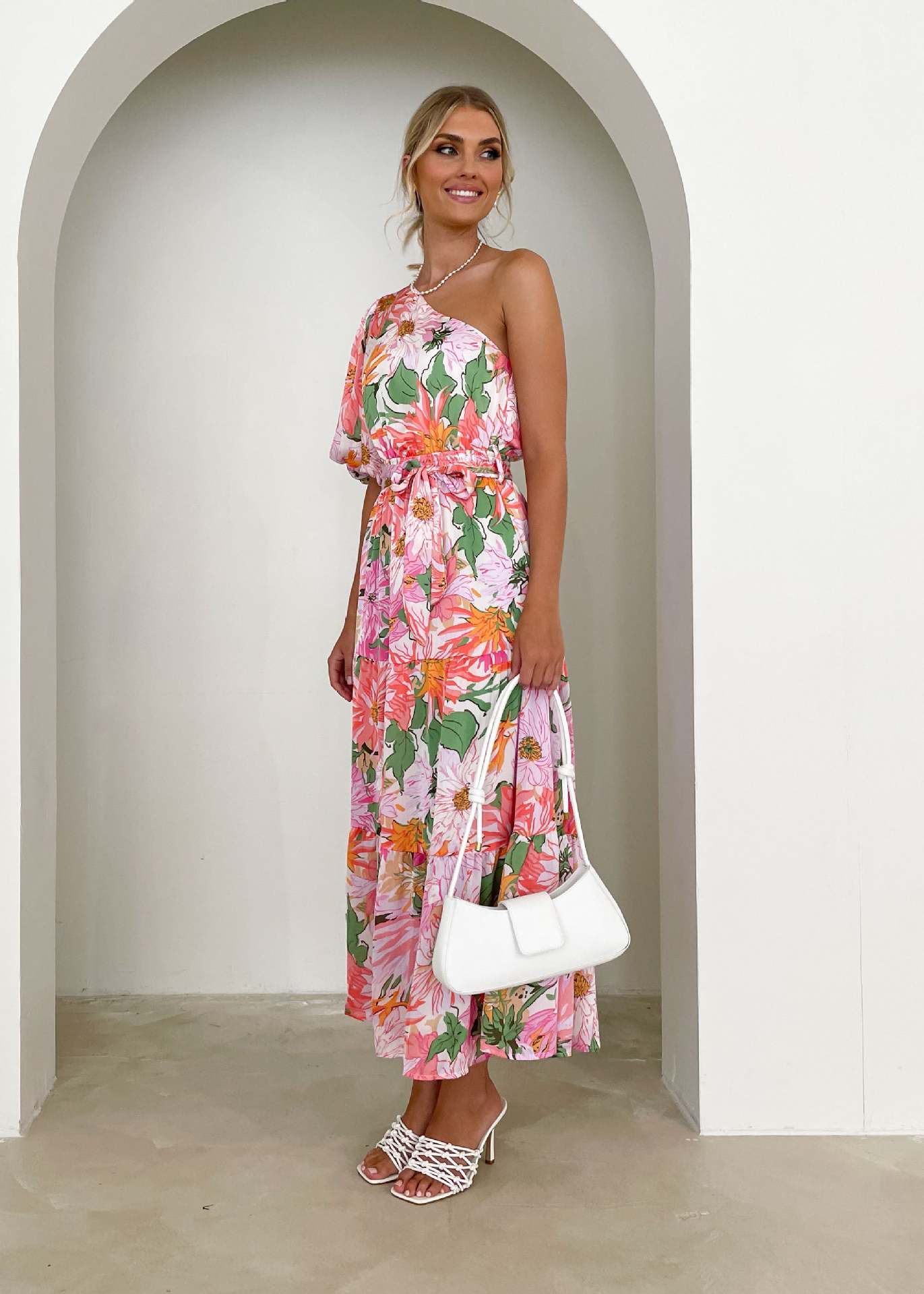 Vestido largo estampado elegante para vacaciones, vestido largo con dobladillo grande para