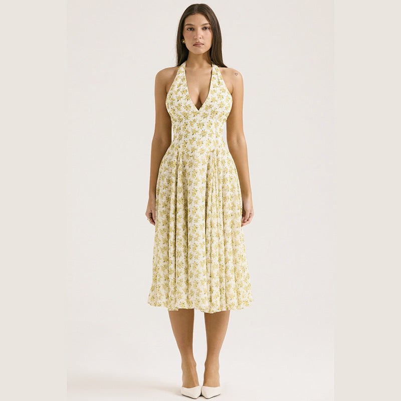 Deep V Plunge Floral A Line Dress Backless Halter Short