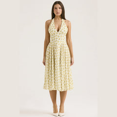 Deep V Plunge Floral A Line Dress Backless Halter Short