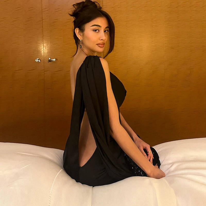 Elegant Backless Evening Dress Pile Collar Solid Color