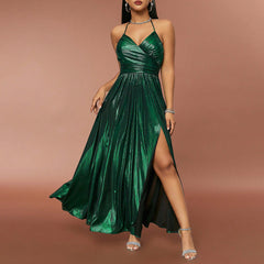 Vestido retro plisado con abertura y tirantes