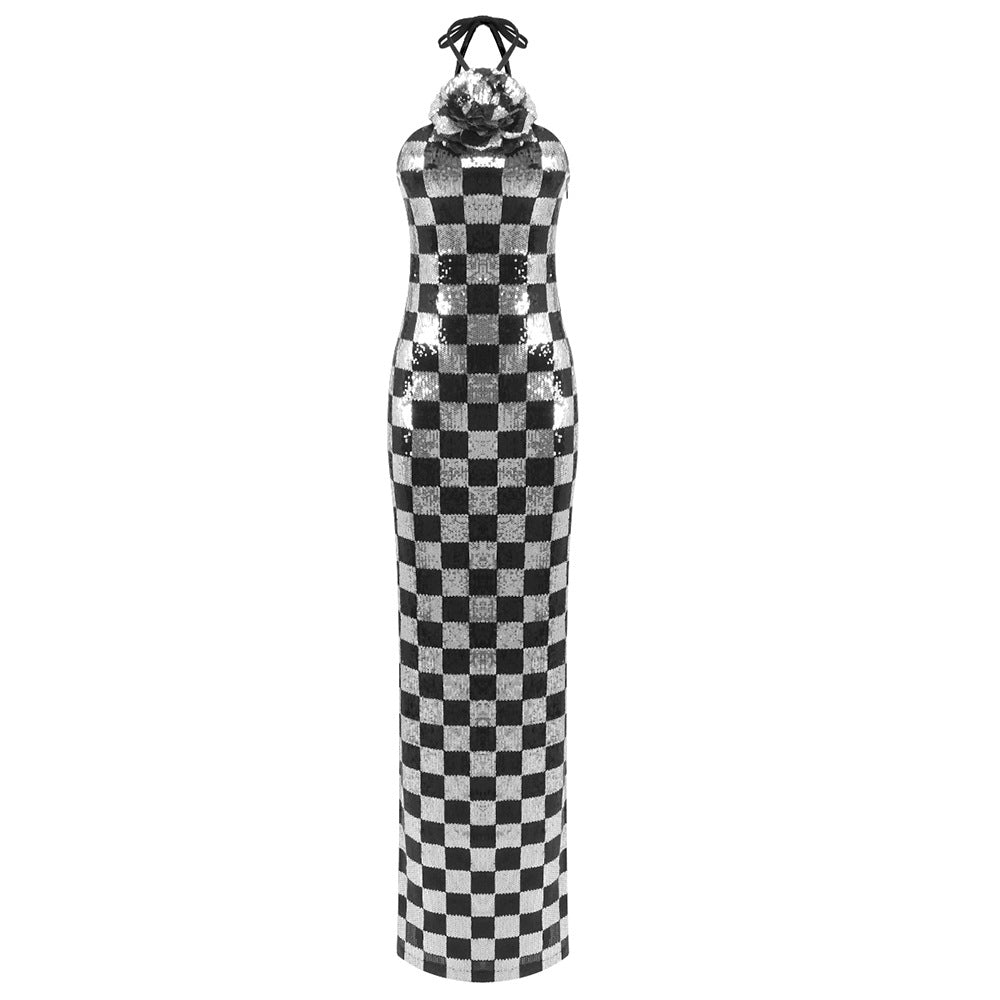 Maxi Black White Plaid Sequin Stitching Dress Halter Floral Dress