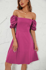Solid Color off Neck Puff Sleeve Dress for