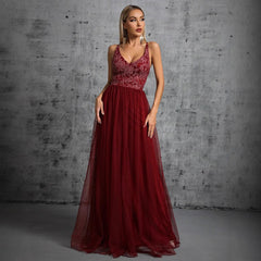 Elegante vestido de noche con tirantes, escote en V, corte A, vestido largo de fiesta, vestido de pasarela para reuniones anuales