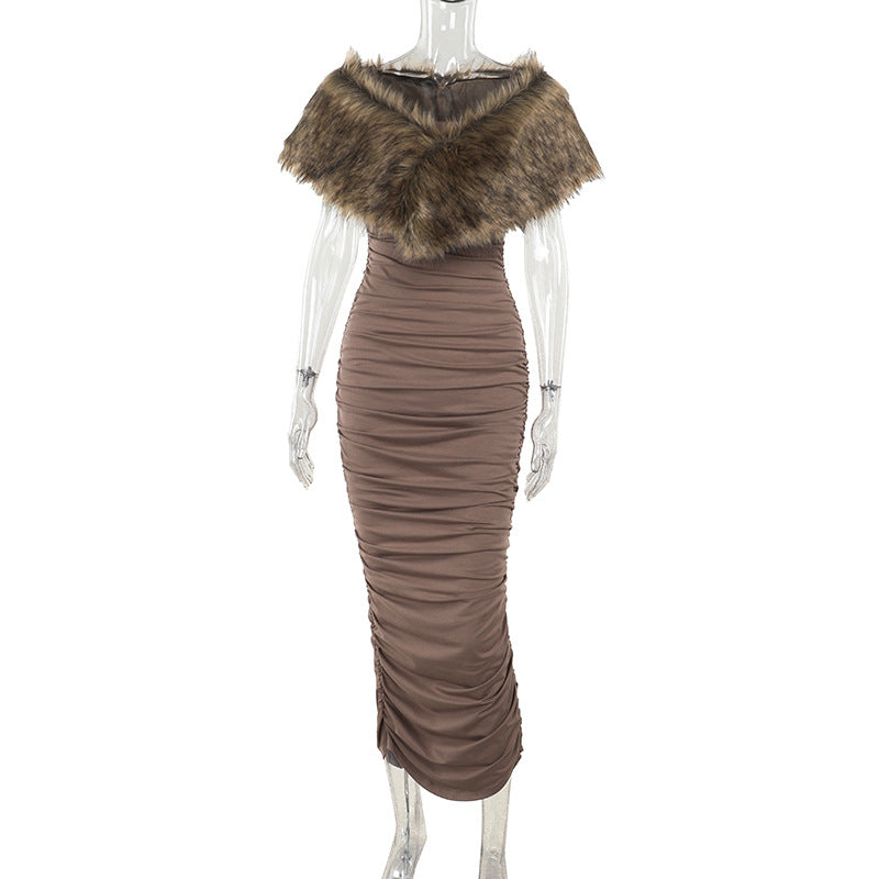 Elegant Slim Fit Furry off Shoulder Tube Top Shawl