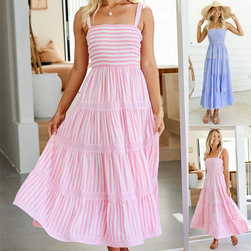Strap Backless Dress Maxi Dress Striped Dress for