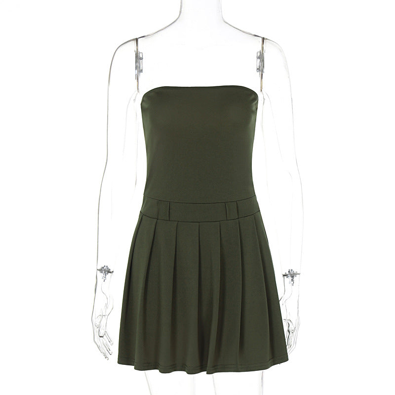 Bandeau One Shoulder Waist Trimming Solid Color Dress No Belt