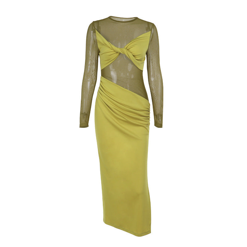 Mesh Stitching Sheer Long Sleeve Maxi Dress