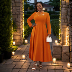 High Collar A line Dress Elegant Beaded Formal Swing Dress