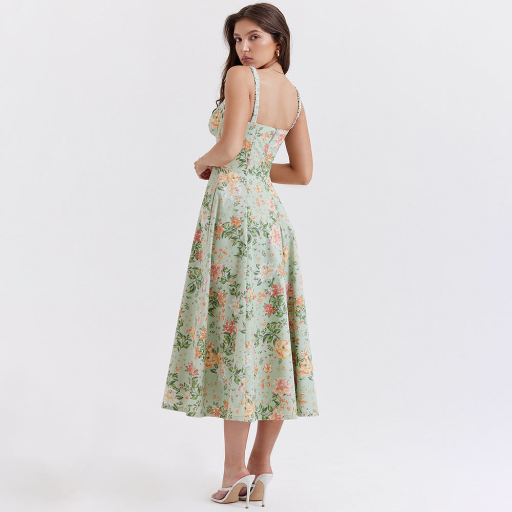 Vestido lencero floral sin espalda con abertura y largo medio para vacaciones