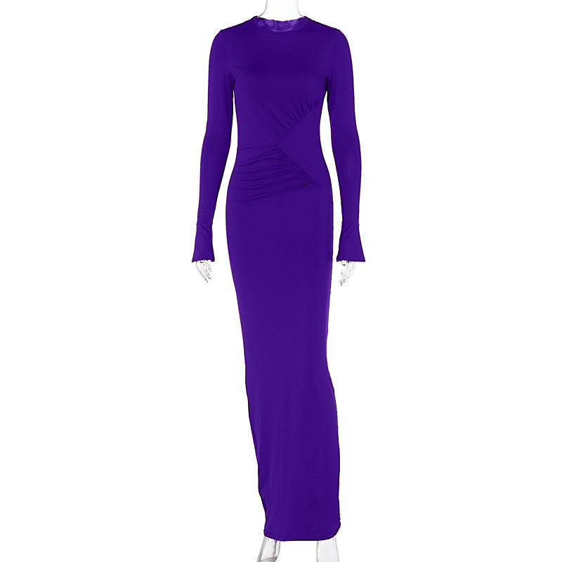 Solid Color Crew Neck Personality Pleated Slim Long Sleeve Dress