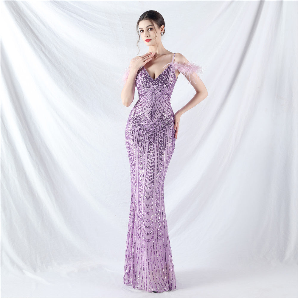 Posicionamiento Floral Lentejuela Artesanía Orden Cabello de Avestruz Vestido de Noche de Alta Gama