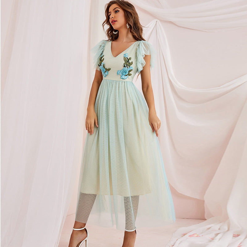 Mesh Dress V neck High Waist Short Sleeve A line Fairy Dress