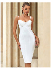 Vestido de noche con vendaje, vestido de vendaje con costuras blancas, sin espalda y tirantes.