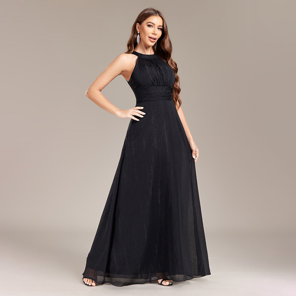 Halter Backless Pleated Waist Party Back Zipper Black a Large Swing Fully Lined Evening Dress