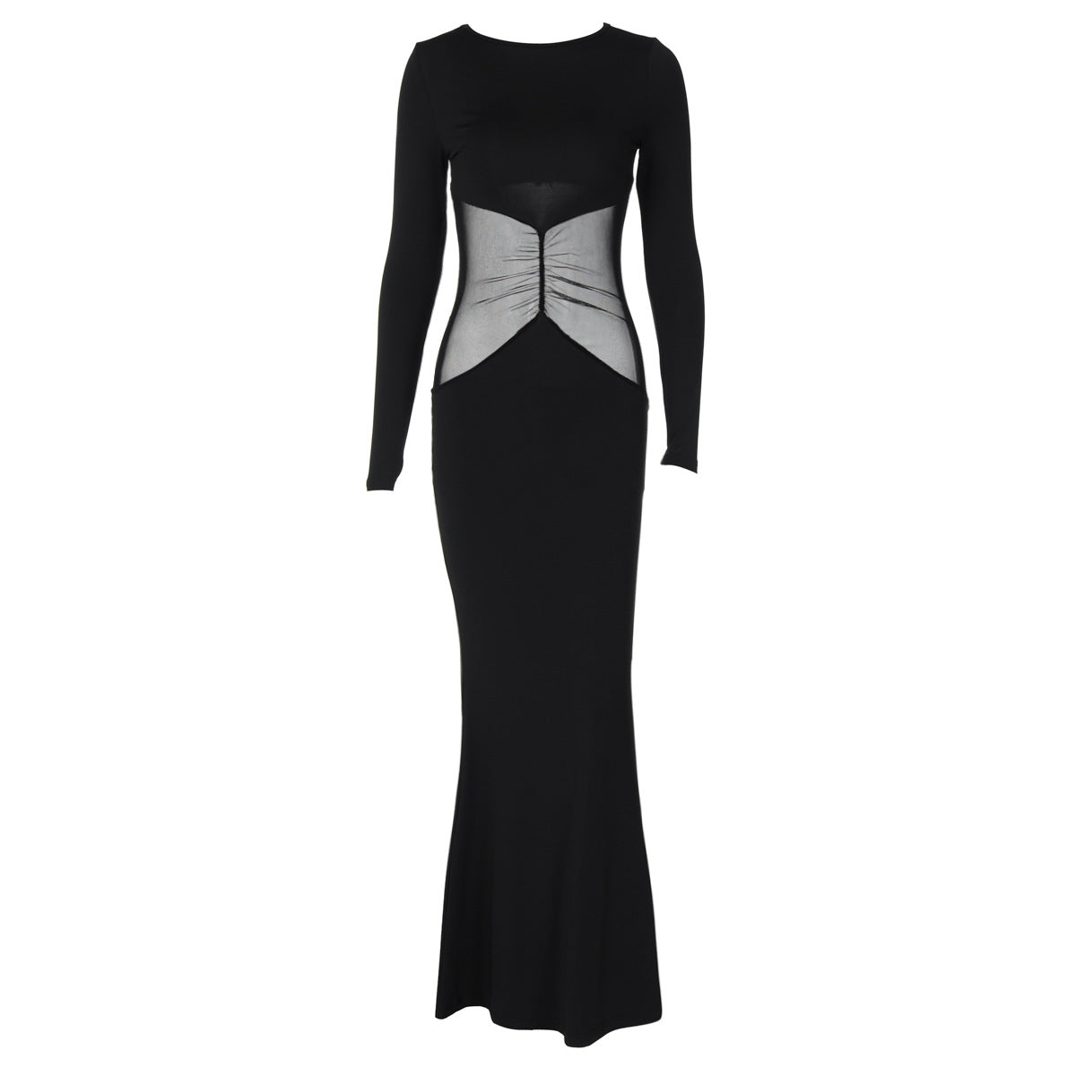 Fall round Neck Pullover Long Sleeve Mesh Slim Fit Patchwork Hip Bag Dress