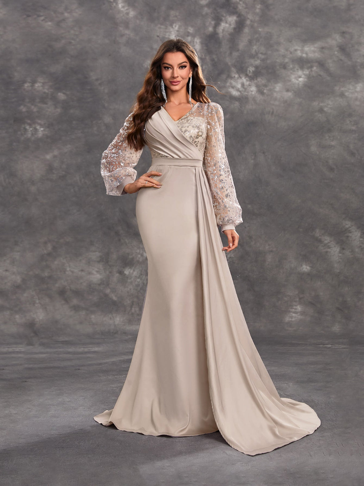 Cocktail Party Evening Dress Sequined Satin V neck Long Sleeve Elegant Evening Gown