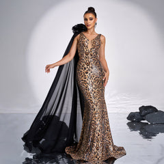 Vestido de noche de alta gama, sin mangas, elegante, con escote en V, largo, con lentejuelas y cola de pez, vestido de dama de honor