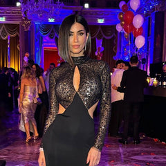 Vestido ajustado a la cadera con espalda descubierta y corte calado con costuras de lentejuelas para club nocturno