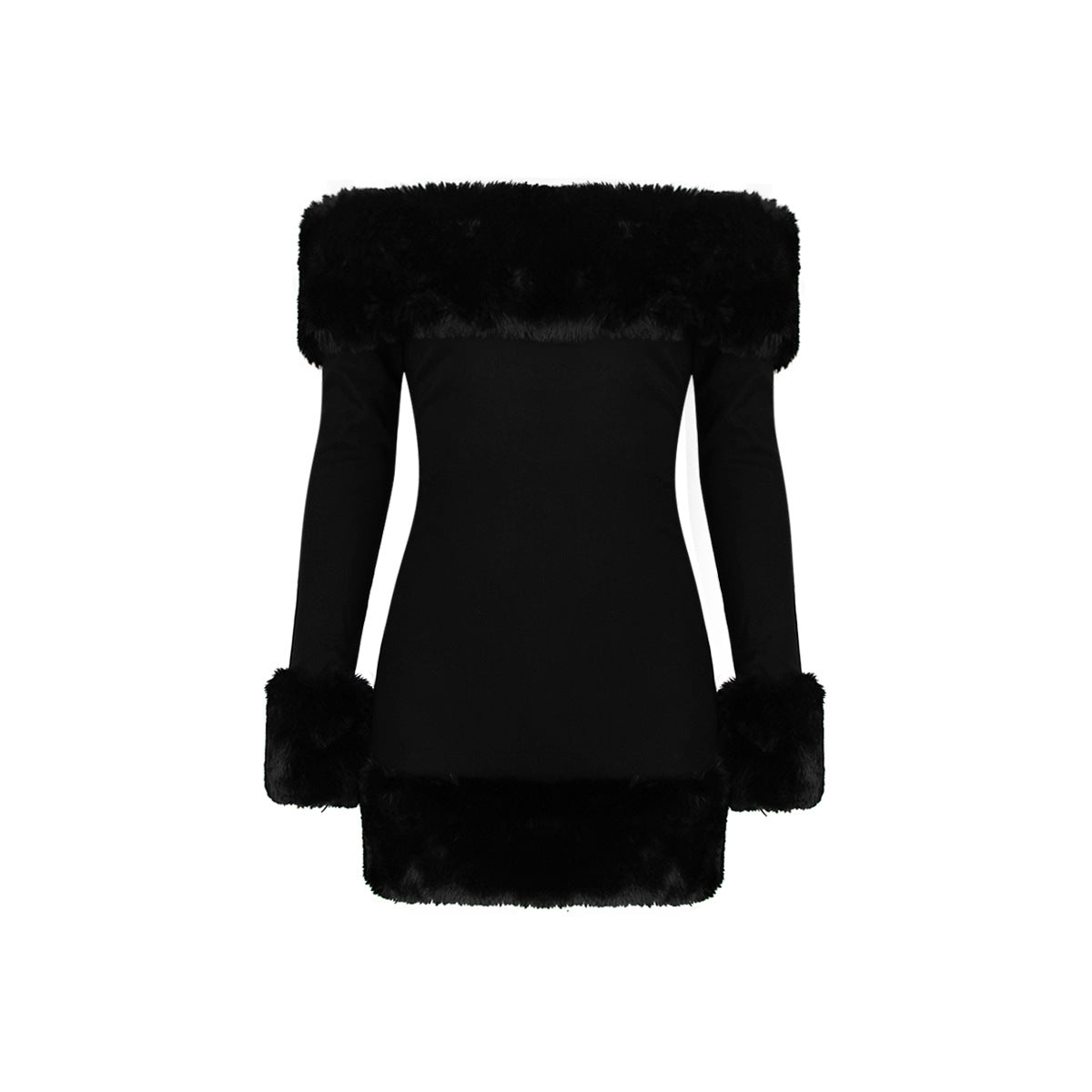 Black Plush Long Sleeve off Shoulder Dress  Fur Backless Hip