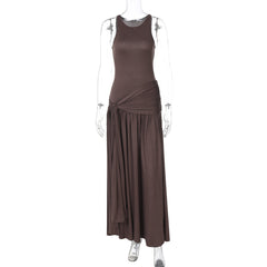 Stitching Ribbon Ruffled Slim Street Midi Solid Color Dress