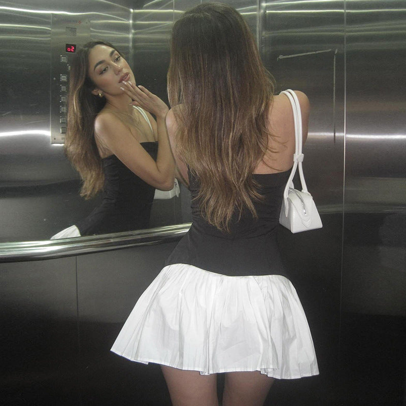 Festival Color Contrast Backless Slim Fit Tube Top Pleated Dress