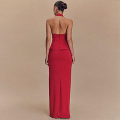 Conjunto de dos piezas de vestido largo ajustado con espalda descubierta y top halter de color liso