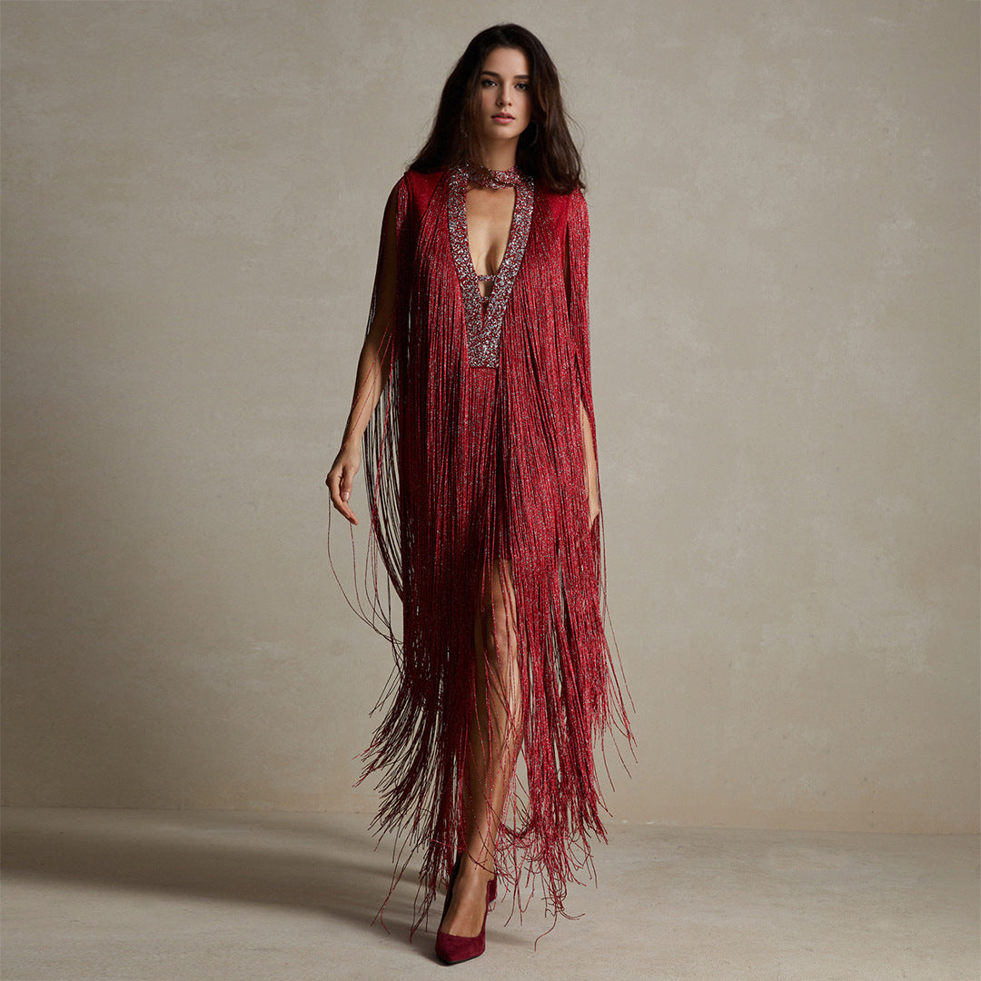 Red Tassel Sequ Party Slim Design Dress
