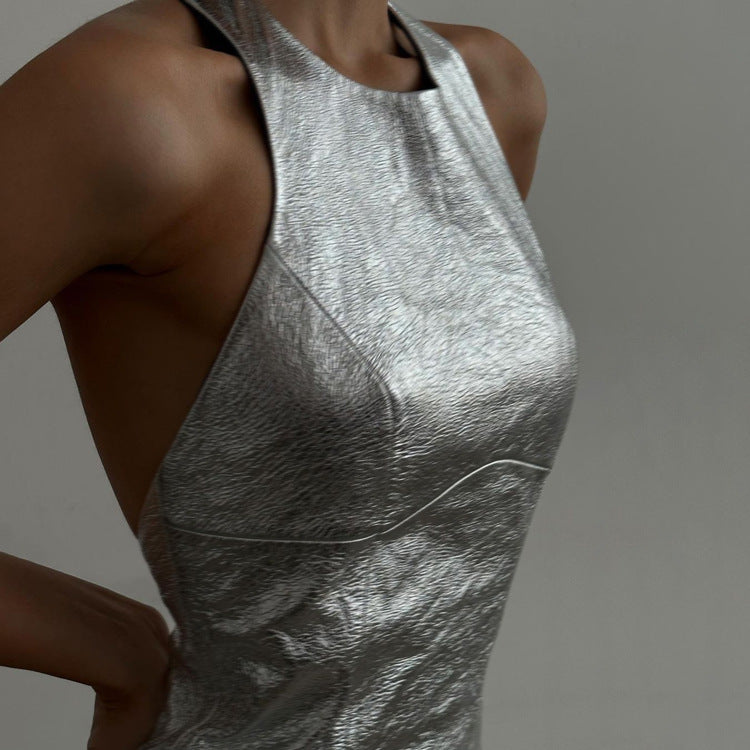 Faux Leather Silver Backless Hip Dress