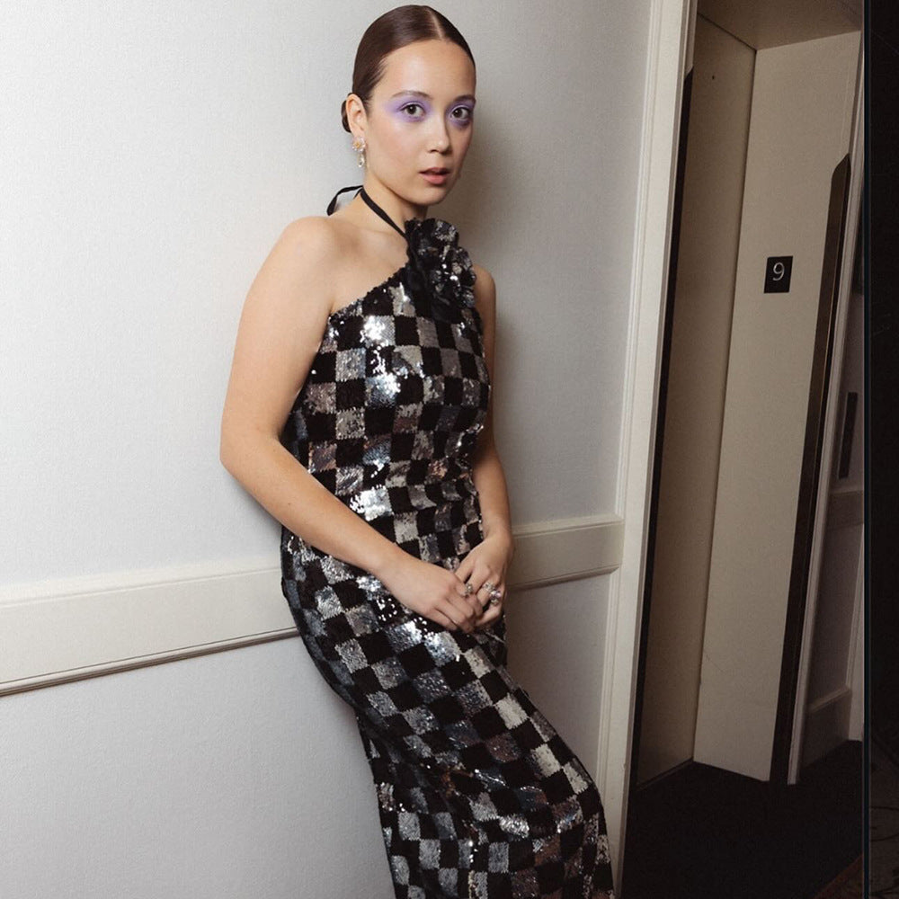 Maxi Black White Plaid Sequin Stitching Dress Halter Floral Dress