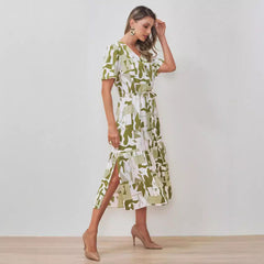 Vestido midi con abertura lateral y encaje, cintura elástica y diseño tipo cárdigan