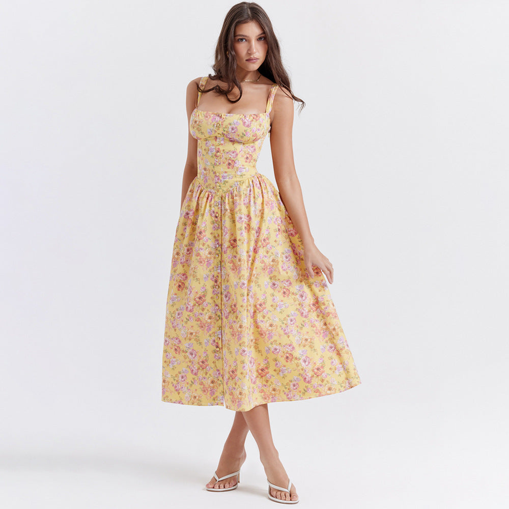 Dress Square Collar Cami Dress Slim Fit Backless Sweet Spicy Wind Floral Dress