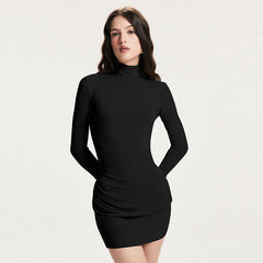 Solid Color Half Collar Waist Controlled Slimming Hip Bag Dress