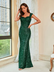 Vestido de noche elegante con lentejuelas y tirantes verdes, de talle medio, para fiesta, vestido largo tipo fregona