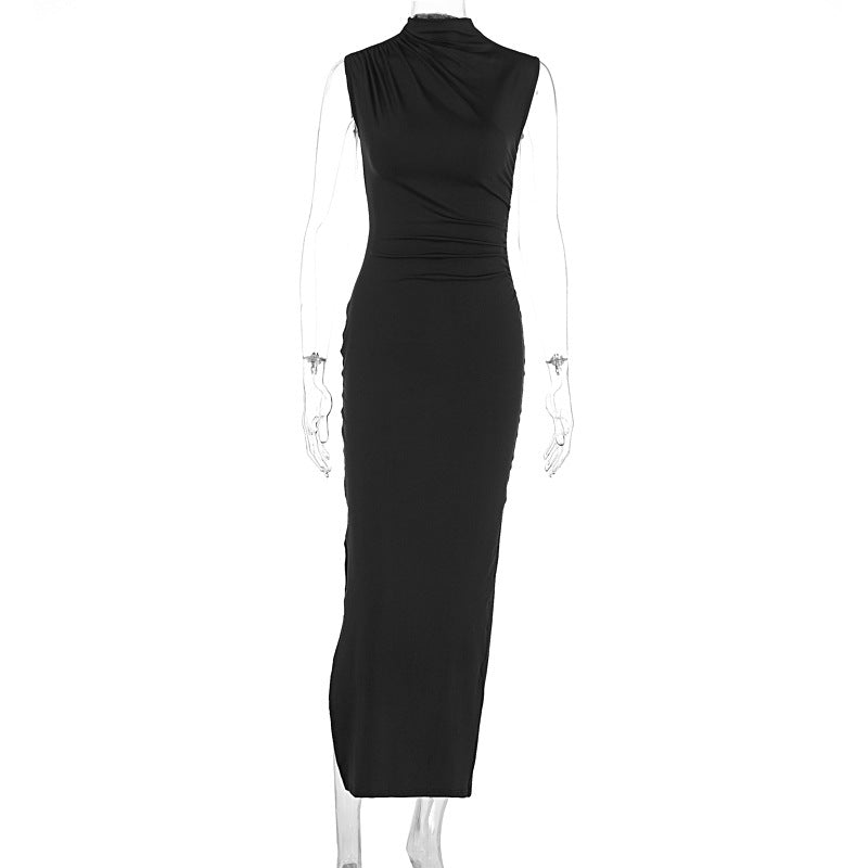 Vestido largo ajustado sin mangas con cintura alta y abertura en color liso