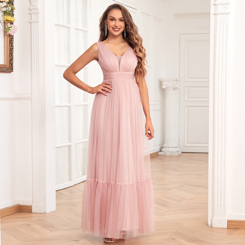 Elegant Double V neck Sleeveless Tulle Full Lining Evening Dress A line Puffy Tulle Wedding Bridesmaid Party