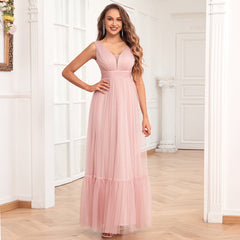 Elegant Double V neck Sleeveless Tulle Full Lining Evening Dress A line Puffy Tulle Wedding Bridesmaid Party