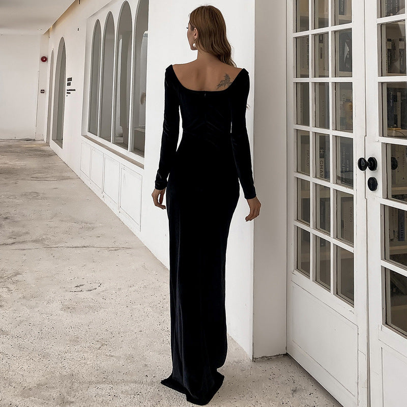 Vestido de noche ajustado de color liso con mangas largas y abertura para banquete