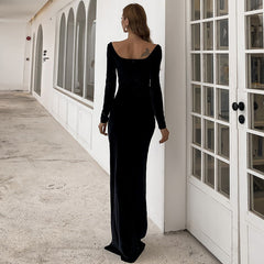 Vestido de noche ajustado de color liso con mangas largas y abertura para banquete