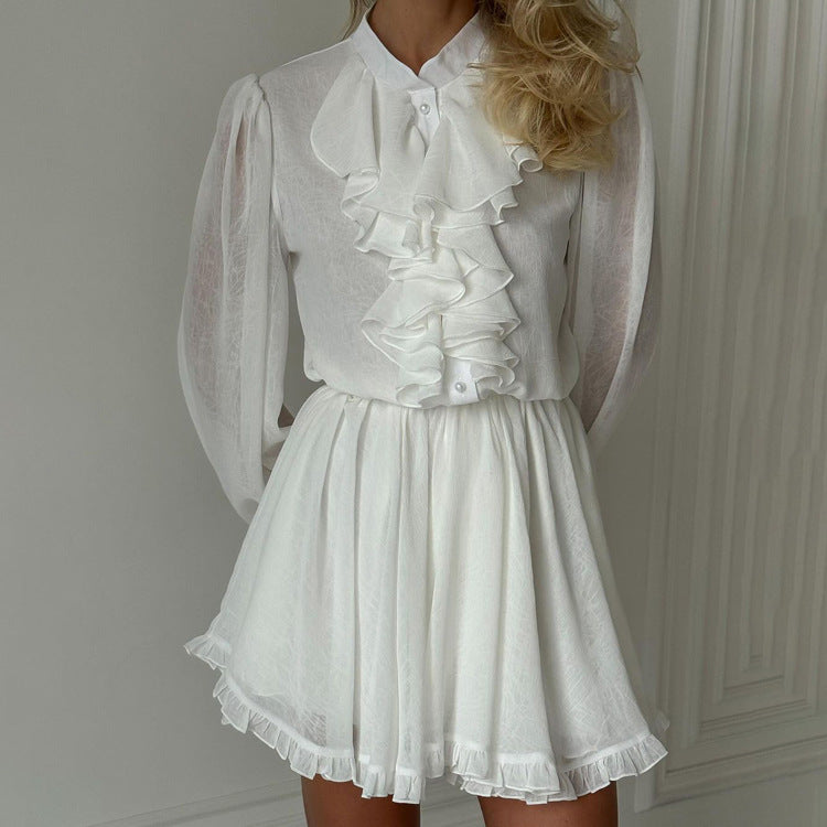 French Elegant Short Design Ruffled StCollar Long Sleeve Elastic Waist A line Dress